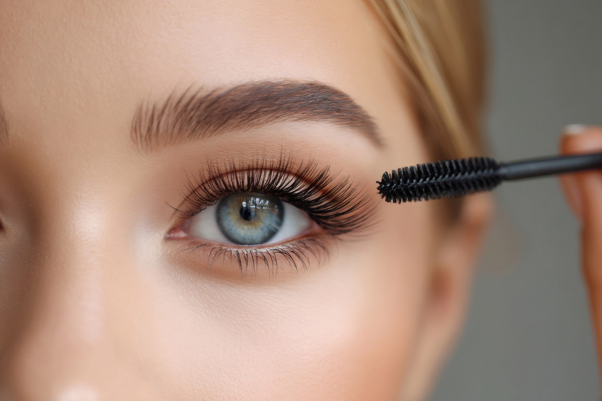 Woman applying mascara on long eyelashes with brush, makeup and beauty treatment