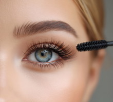 Woman applying mascara on long eyelashes with brush, makeup and beauty treatment