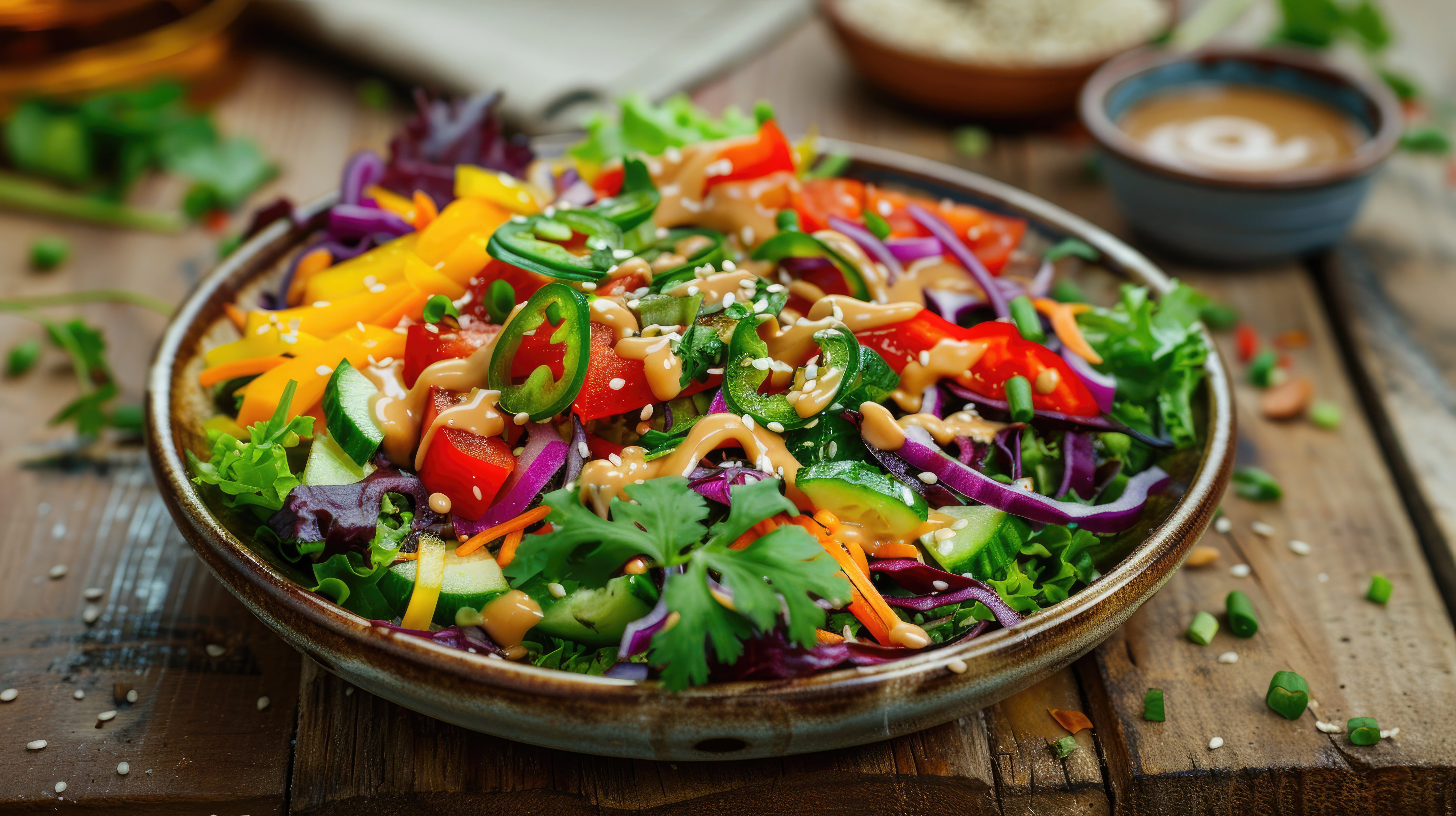 Colorful salad served with peanut butter dressing