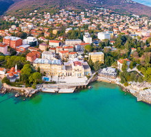 Town of Opatija and Lungomare sea walkway aerial panoramic view