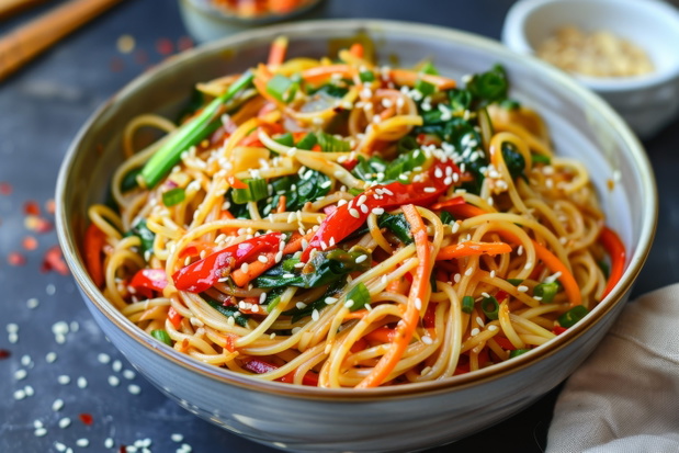 Thai vegetable peanut butter noodles with sesame seeds