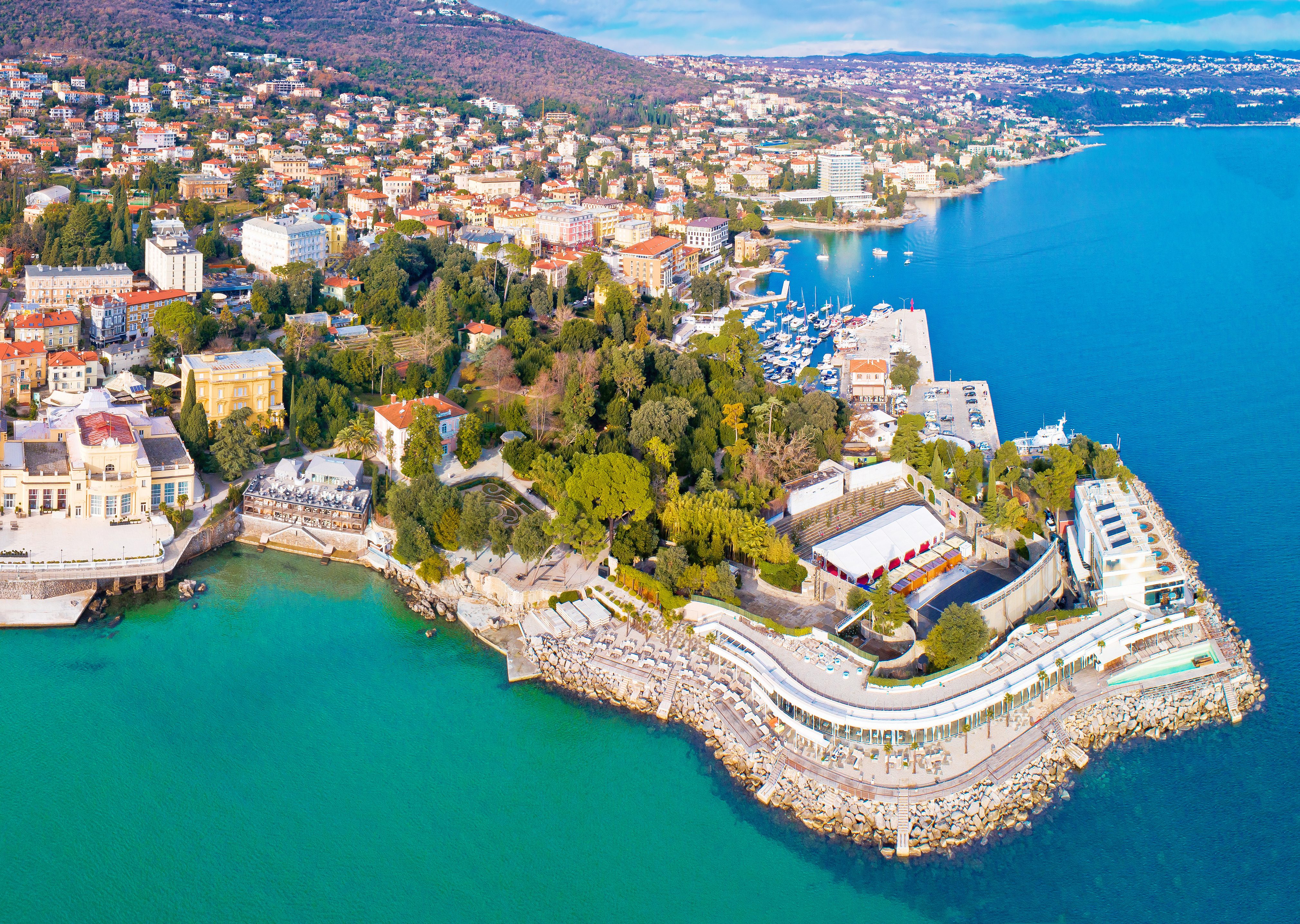 Town of Opatija and Lungomare sea walkway aerial panoramic view