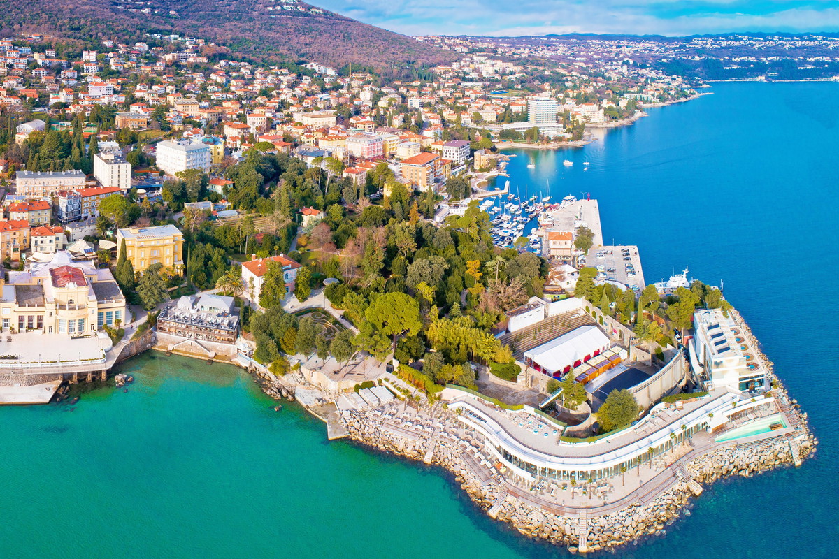 Town of Opatija and Lungomare sea walkway aerial panoramic view