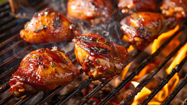 Sizzling chicken thighs on charcoal grill a close up of flames and delectable barbecue scene