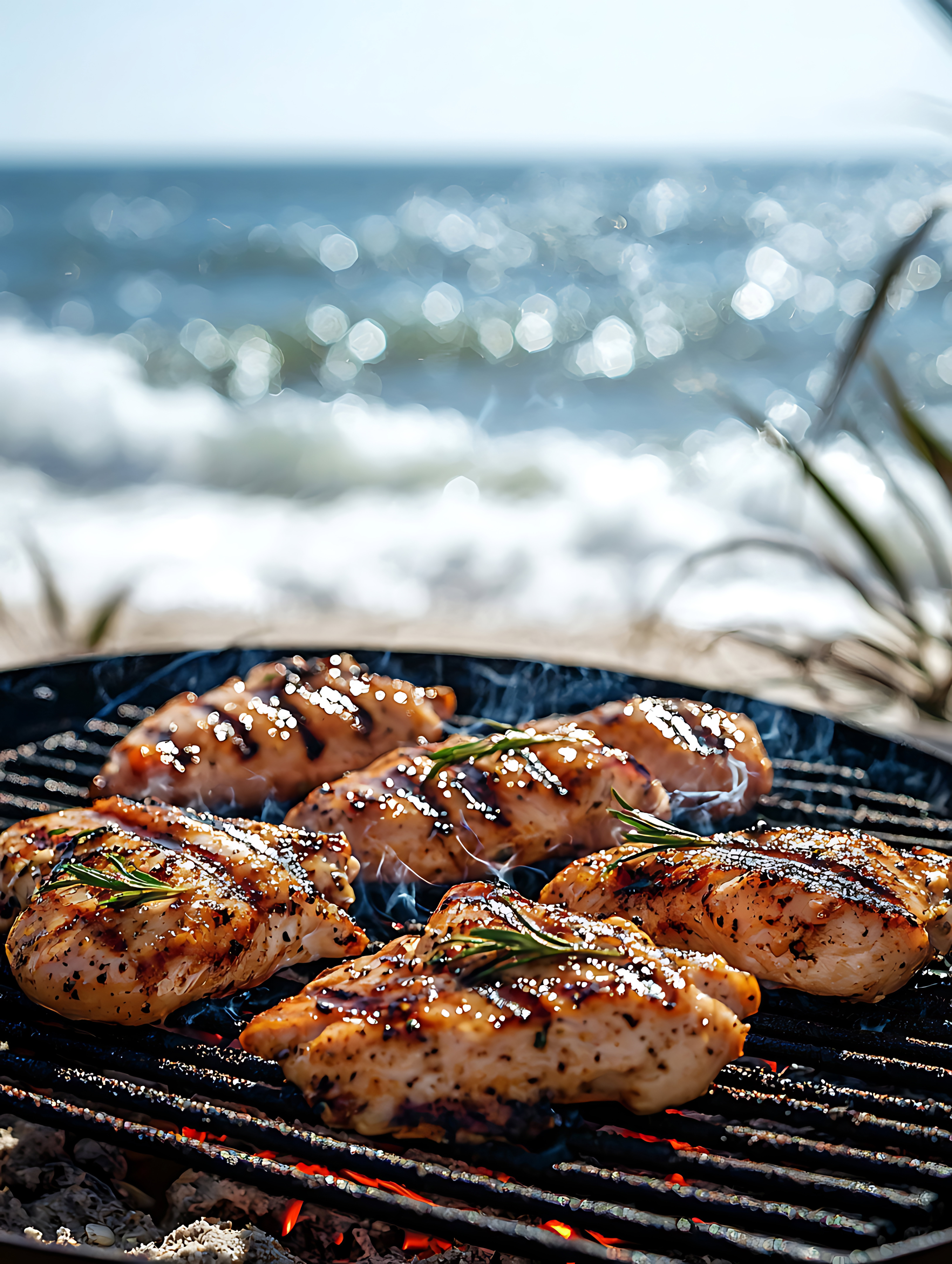 Food concept, grilled chicken on a grill by the beach, waves crashing in the background