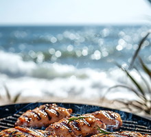 Food concept, grilled chicken on a grill by the beach, waves crashing in the background