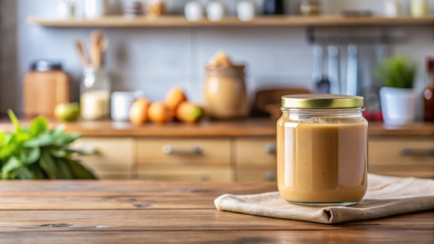A peanut butter jar sitting on a wooden table with a blurred background of a kitchen utensil storage, food