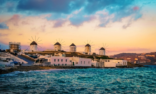 Mykonos seafront with windmills