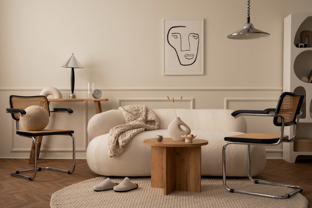 Creative composition of living room interior with mock up poster
