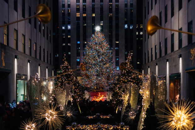 Christmas tree at Rockefeller Center at night, in Midtown Manhattan, New York City