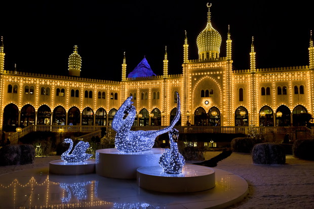 Oriental palace by night in Tivoli Gardens, Copenhagen