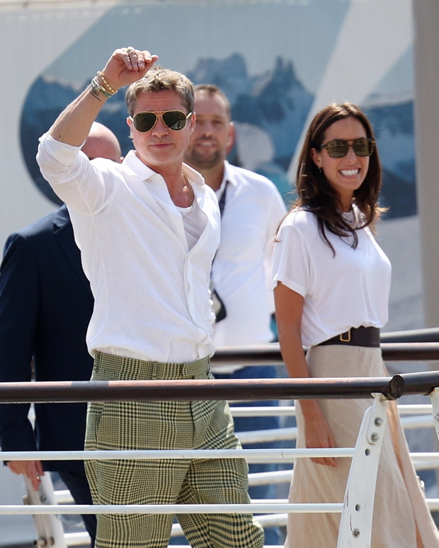 Hollywood star Brad Pitt and his new girlfriend Ines de Ramon are seen arriving at Marco Polo Airport in Venice for the 81st Venice International Film Festival