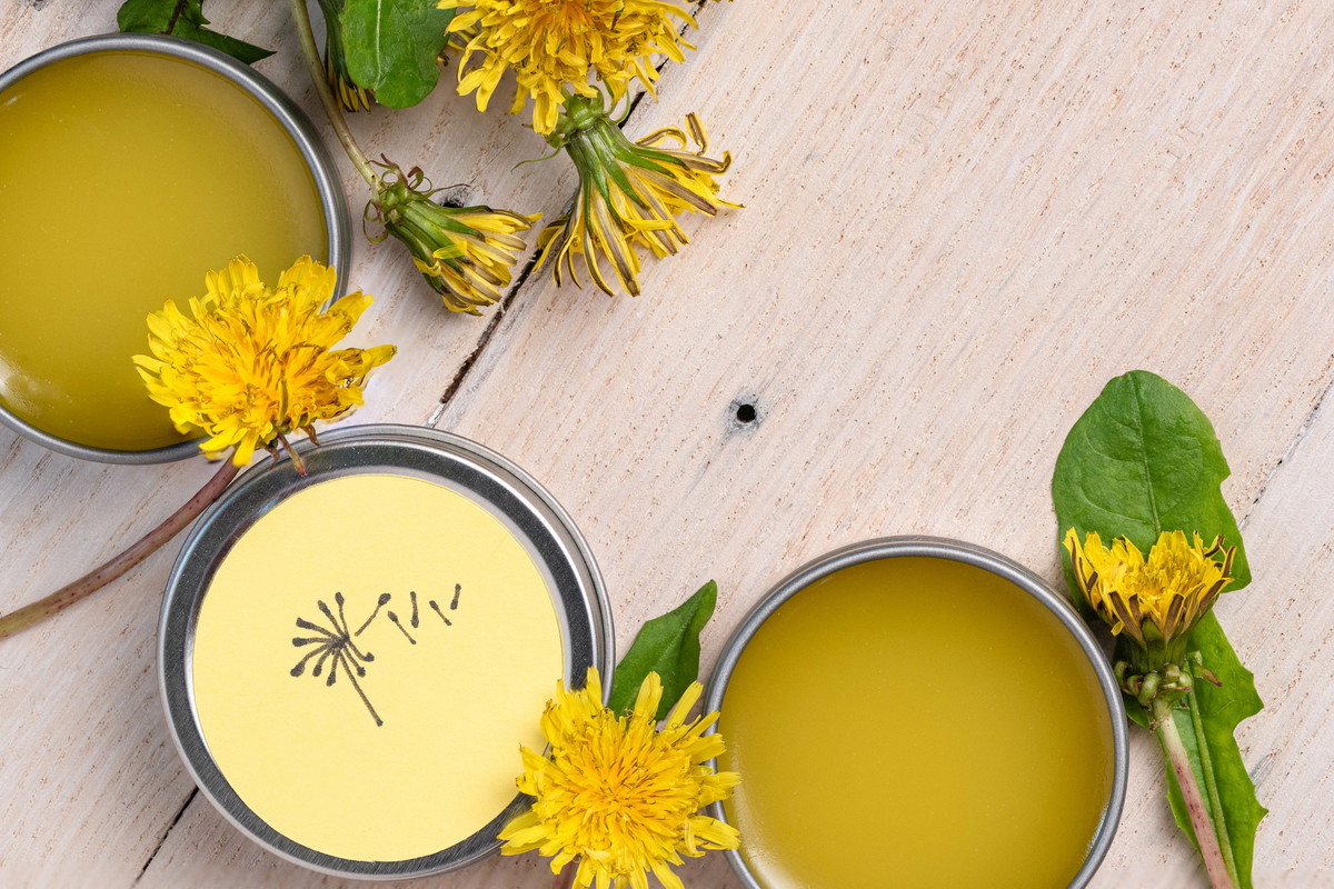 Dandelion salve, shea butter, beeswax, flowers and leaves on whitewashed tray.