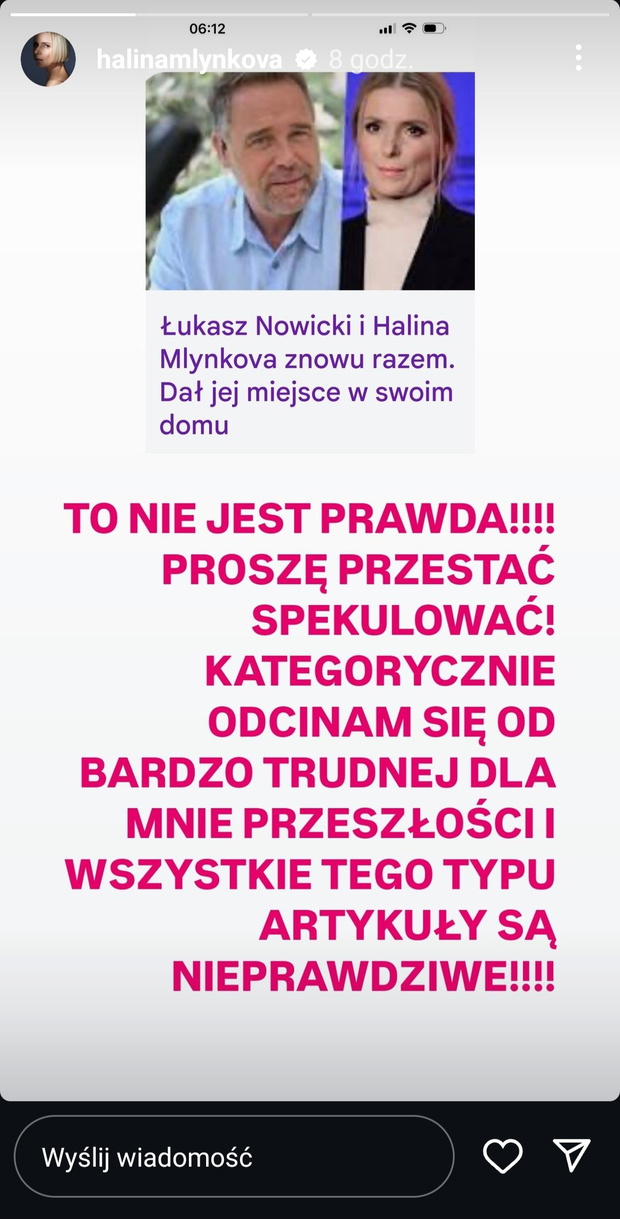 Halina Mlynkova zareagowała na medialne doniesienia, dotyczące byłego męża Łukasza Nowickiego