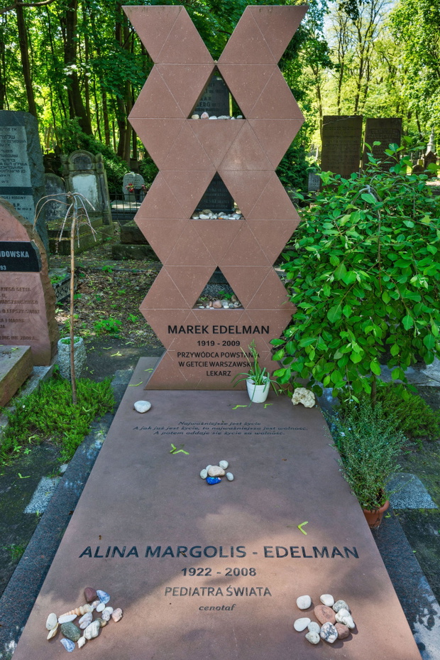 Grave of Dr Marek Edelman, the last surviving leader of the Warsaw Ghetto Uprising, and cenotaph of his wife Alina, Jewish Cemetery in Warsaw, Poland