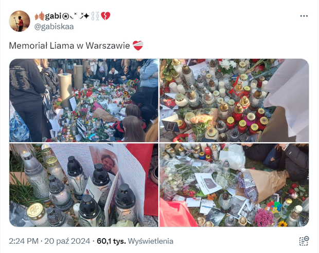 Memoriał Liama Payne w Warszawie, zrzut ekranu x.com/gabiskaa