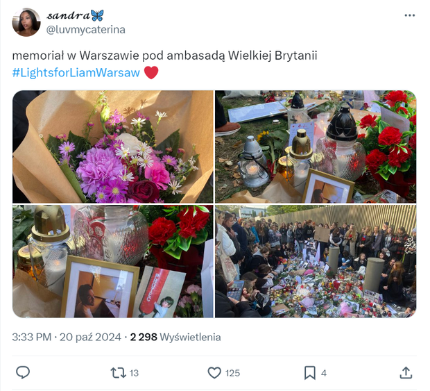 Memoriał Liama Payne w Warszawie, zrzut ekranu x.com/luvmycaterina