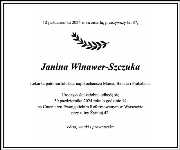 Nekrolog, Janina Winawer-Szczuka, mama Kazimiery Szczuki