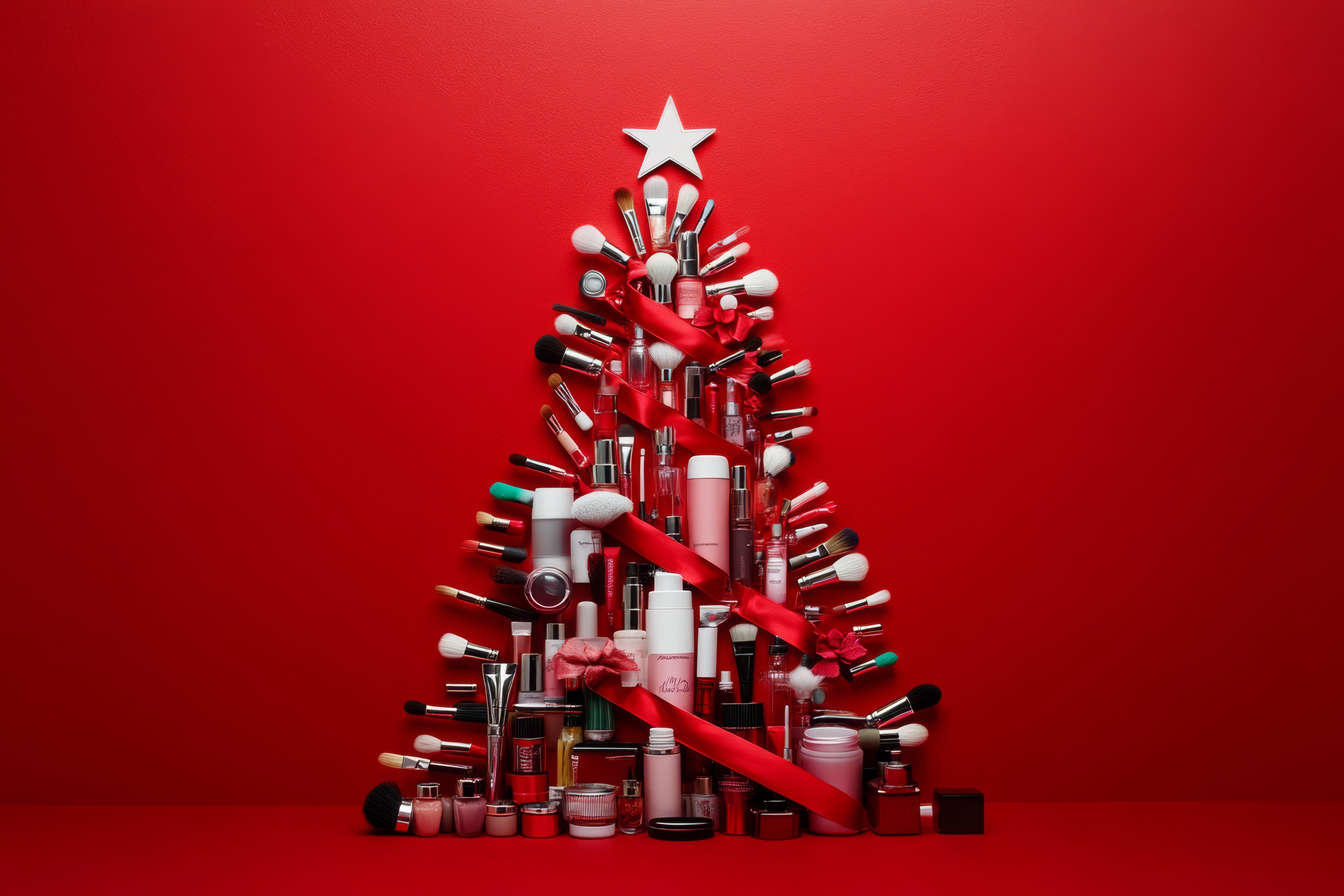 A creative Christmas tree crafted from cosmetics and makeup brushes against a vibrant red backdrop, perfect for holiday decorations