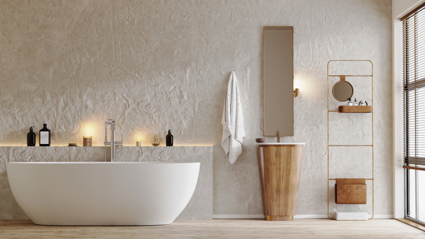 modern bathroom interior with tub and wooden stand sink, mirror,