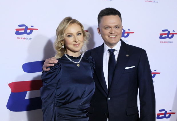 Szymon Hołownia, żona Urszula Brzezińska-Hołownia, gala otwarcia polskiej prezydencji w Radzie Unii Europejskiej, Warszawa, 03.01.2025 r.