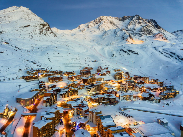 Aerial drone shot dusk view of Val Thorens, ski resort in Haut Savoie, France