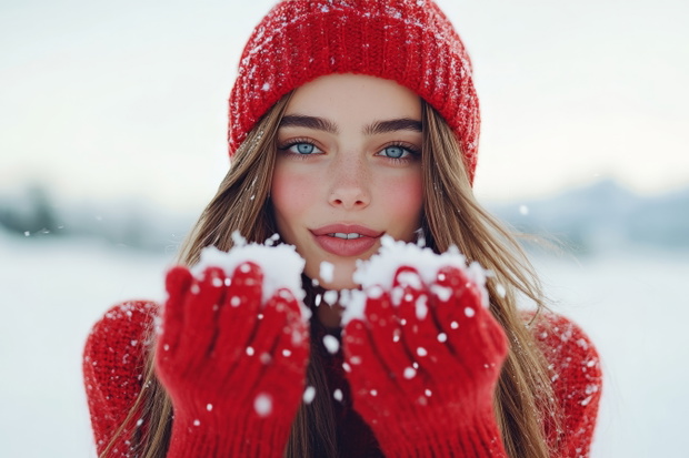 A woman dressed in a vibrant red hat and sweater holds snow in her gloved hands against a snowy backdrop, showcasing joyful, playful expression and beauty.