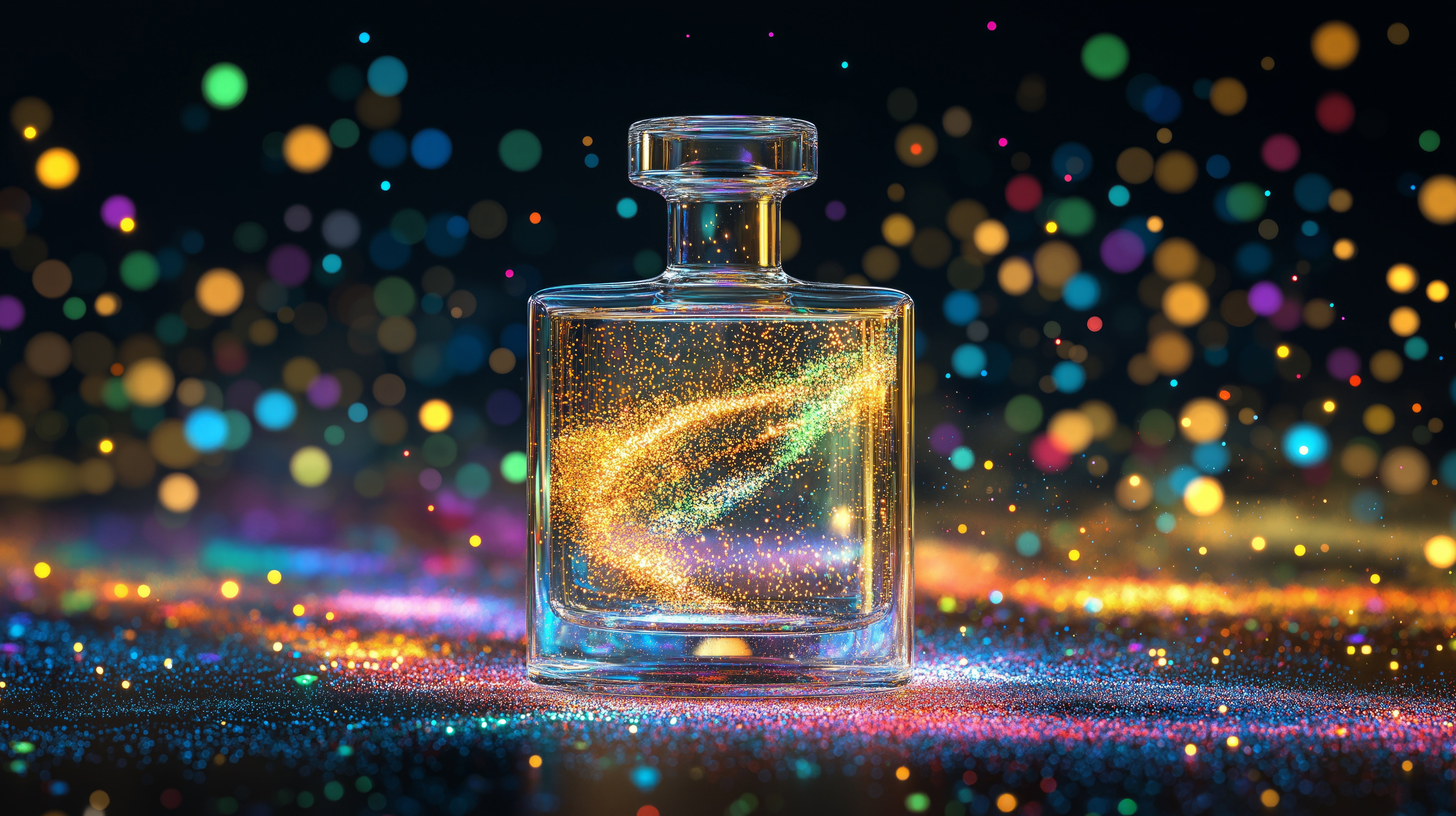 Glass bottle of AI-generated perfume with sparkling particles, symbolizing innovation, technology, luxury, and futuristic fragrance design.