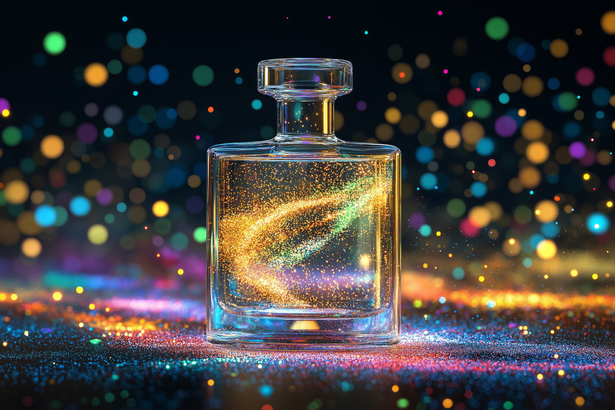 Glass bottle of AI-generated perfume with sparkling particles, symbolizing innovation, technology, luxury, and futuristic fragrance design.