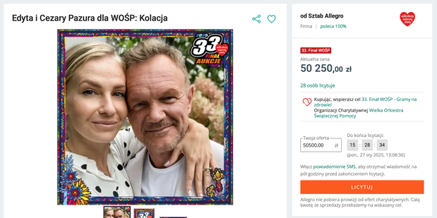 Aukcje 33. finału WOŚP: Cezary Pazura, Edyta Pazura