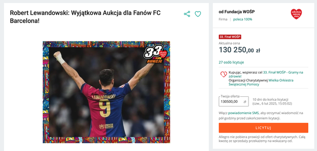 Aukcje 33. finału WOŚP: Robert Lewandowski