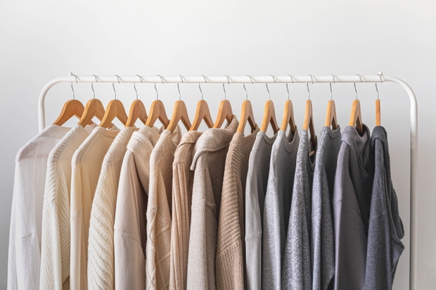 Hanger,With,Beautiful,Neutral,Beige,,White,And,Gray,Clothes,On
