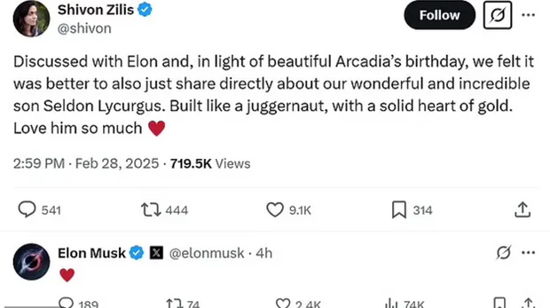 Shivon Zillis, Elon Musk, tak ogłosili narodziny dziecka