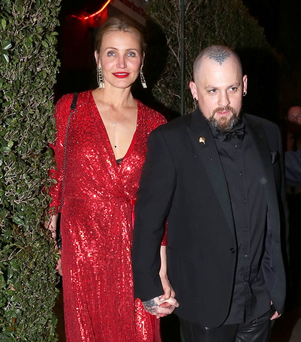 Cameron Diaz Striking In Red With Benji Madden At Gwyneth Paltrow's Engagement Party