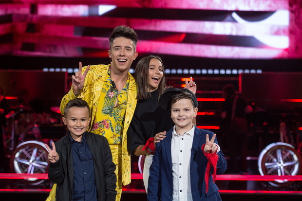 Warszawa, 06.09.2018. The Voice Kids druga edycja sezon drugi bitwa bitwy ring; n/z Oliwier Szot, Paweł Szymański, Carla Fernandes, Dawid Kwiatkowski