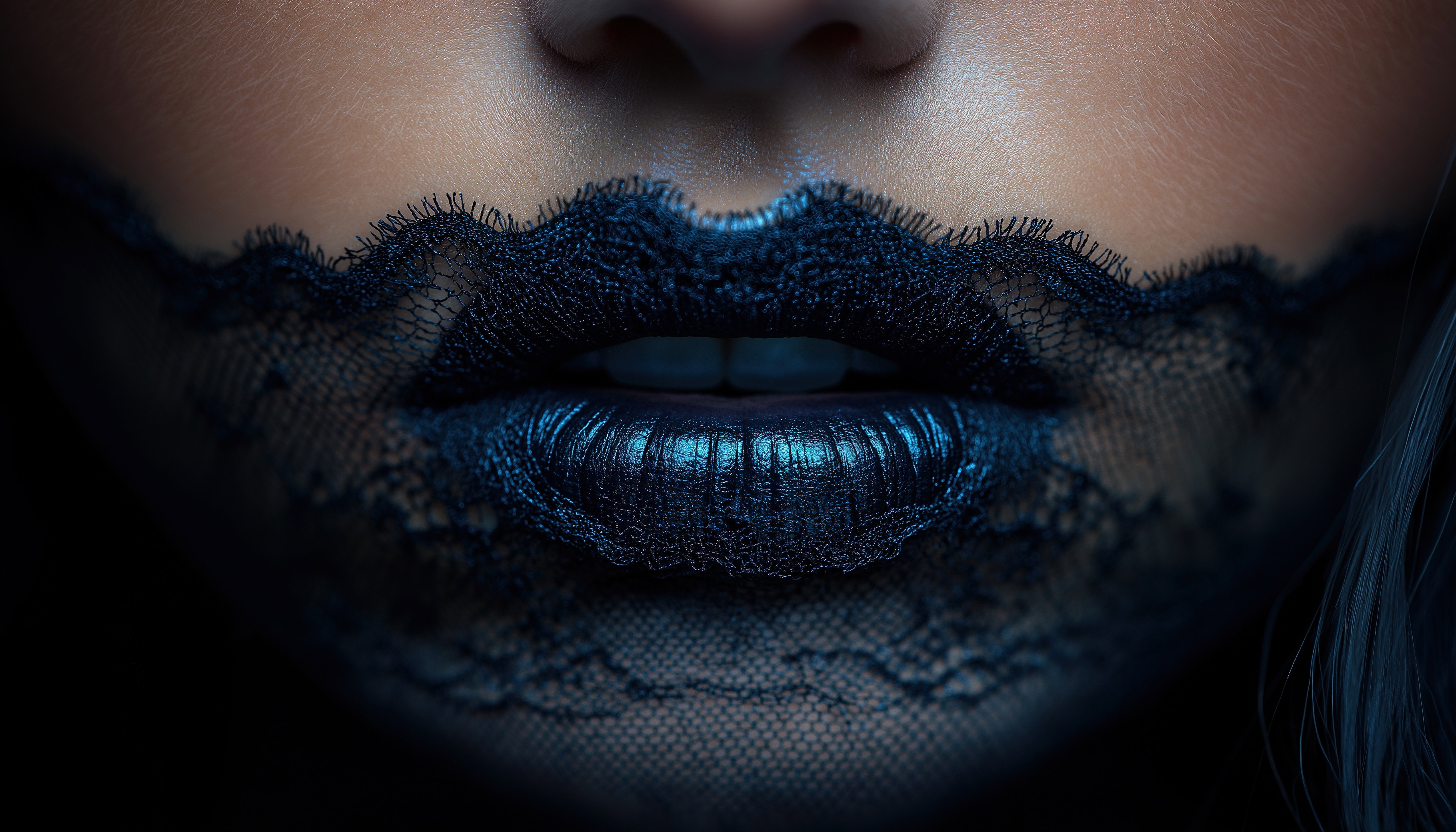 Elegant Black Lace Design on Lips Close-Up