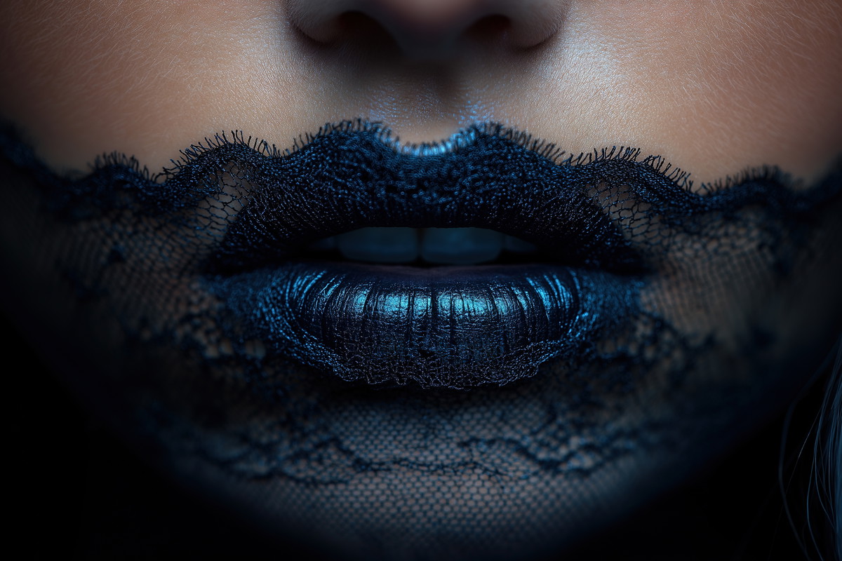 Elegant Black Lace Design on Lips Close-Up