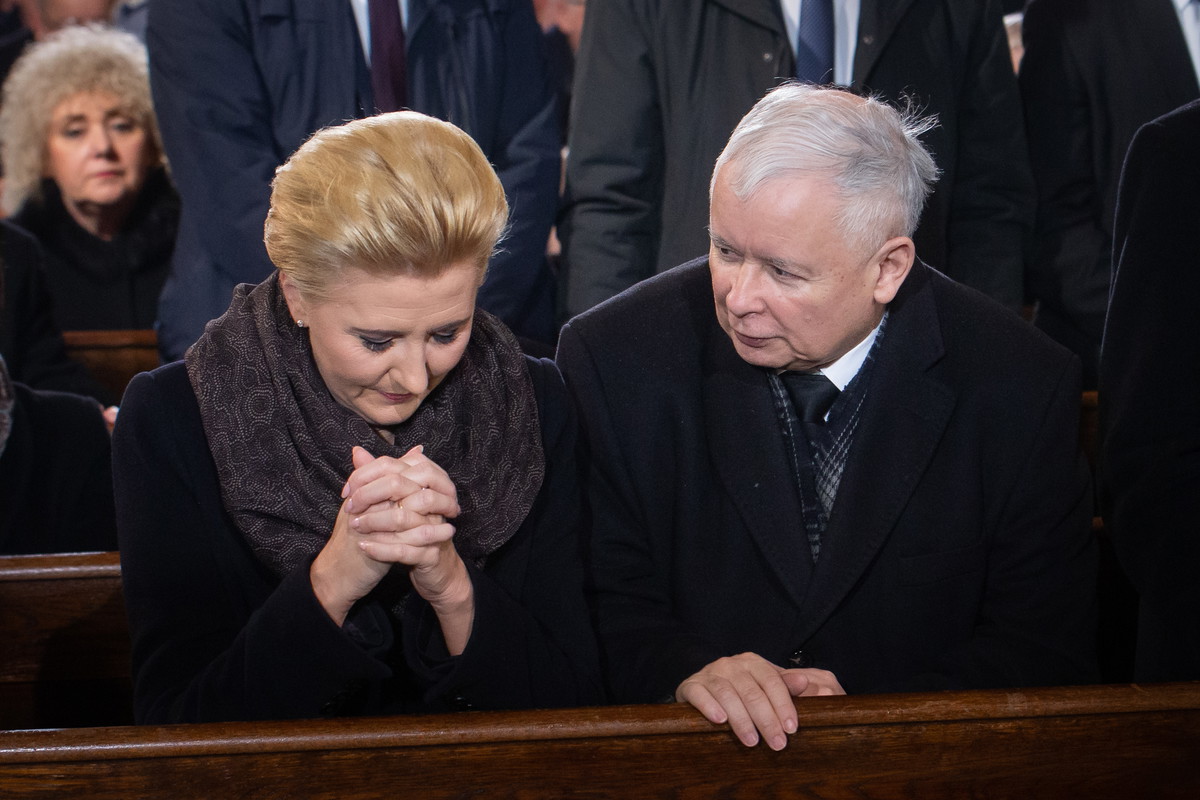 Jarosław Kaczyński, Agata Kornhauser-Duda, Warszawa, 16.02.2019. Msza pogrzebowa Jana Olszewskiego w Bazylice Archikatedralnej sw. Jana Chrzciciela