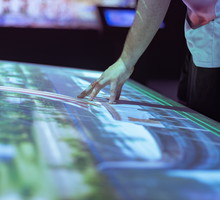 modern exhibition or museum, information visualization, exhibition visitor