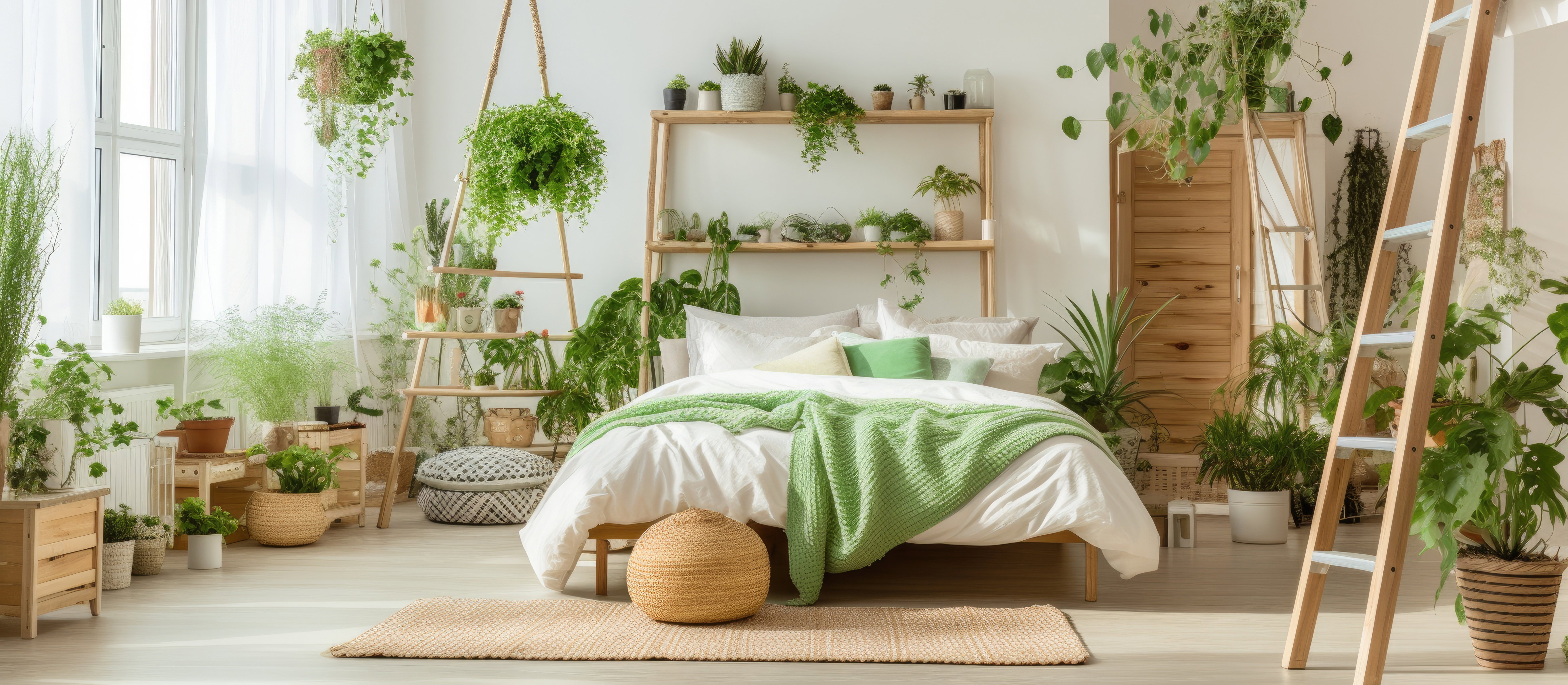 Boho bedroom interior featuring bed, ladder, and plant with green decor.