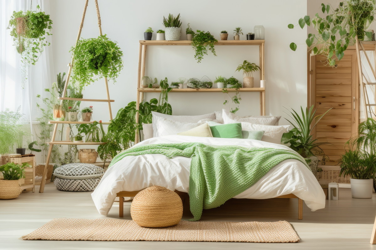 Boho bedroom interior featuring bed, ladder, and plant with green decor.