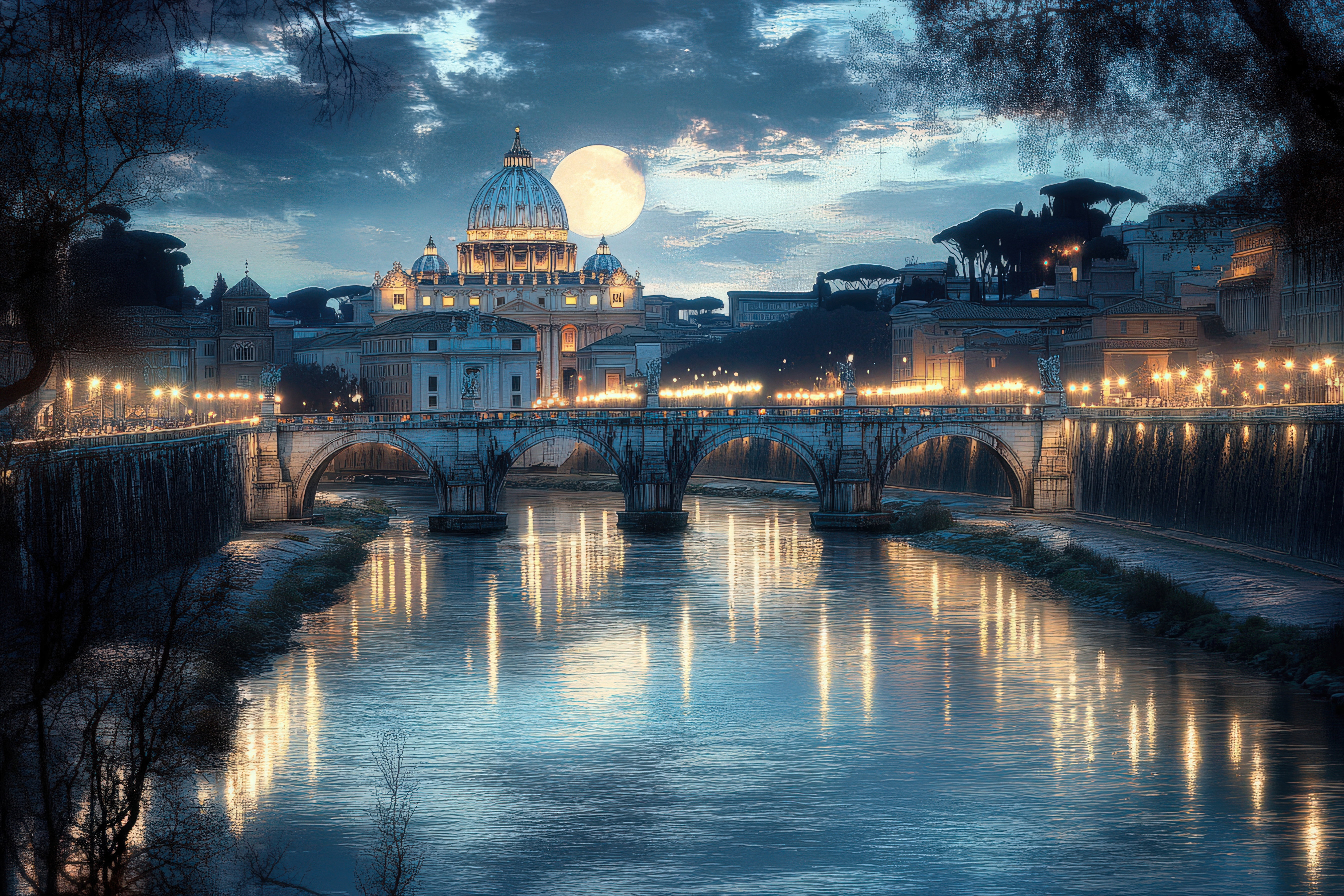 Tiber River in Rome: Stunning view of the River Tiber with Vatican City and Angel Bridge
