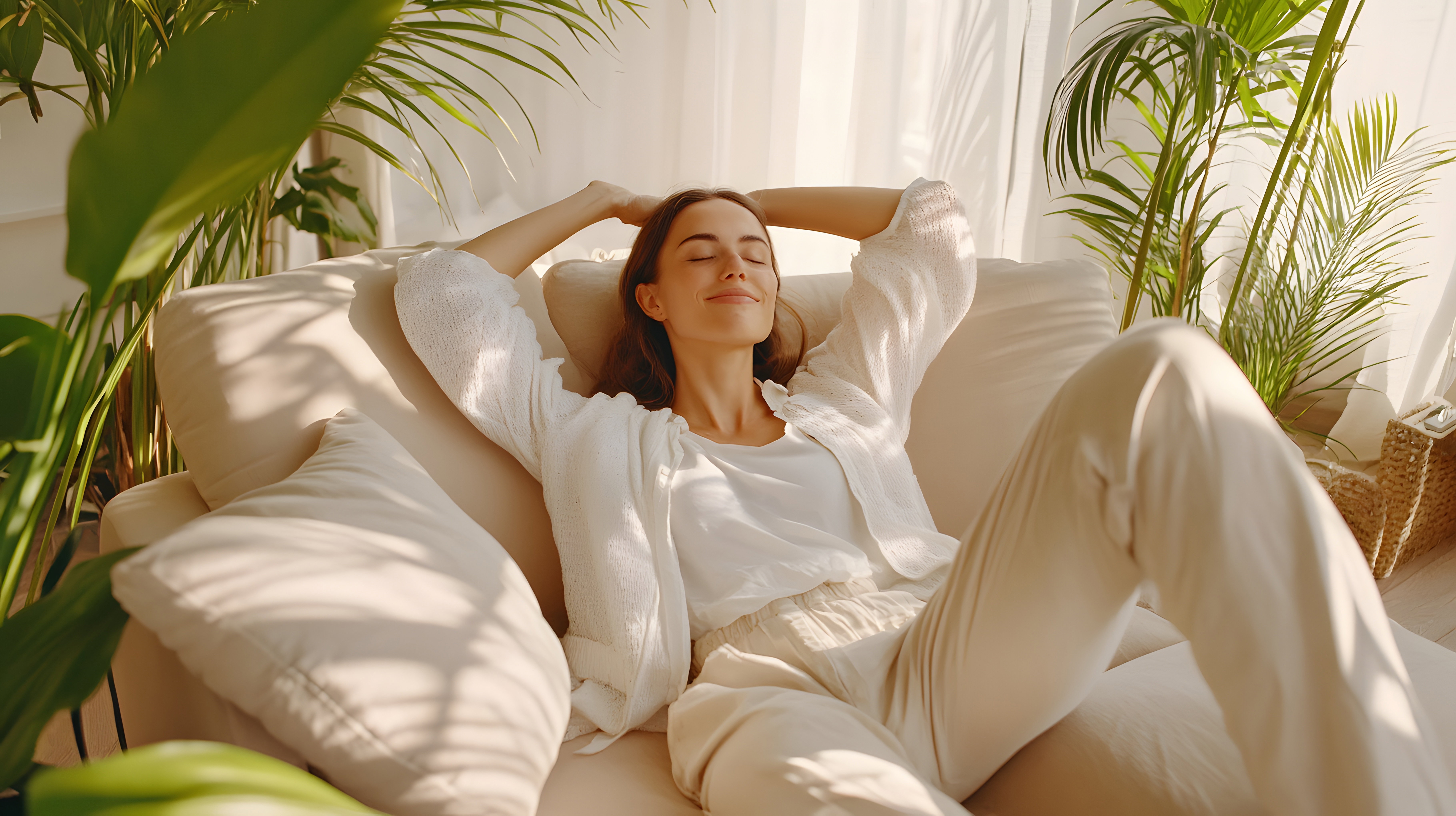 Happy woman relaxing on comfortable soft sofa enjoying stress free weekend at home, calm satisfied girl stretching on couch thinking of pleasant lazy day, dreaming and planning sunday morning.