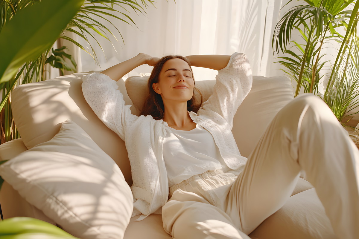 Happy woman relaxing on comfortable soft sofa enjoying stress free weekend at home, calm satisfied girl stretching on couch thinking of pleasant lazy day, dreaming and planning sunday morning.