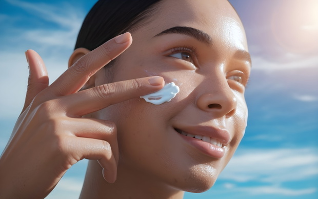 Woman applying sun protection: A radiant complexion against a backdrop of blue sky, embodying skincare and outdoor wellness.