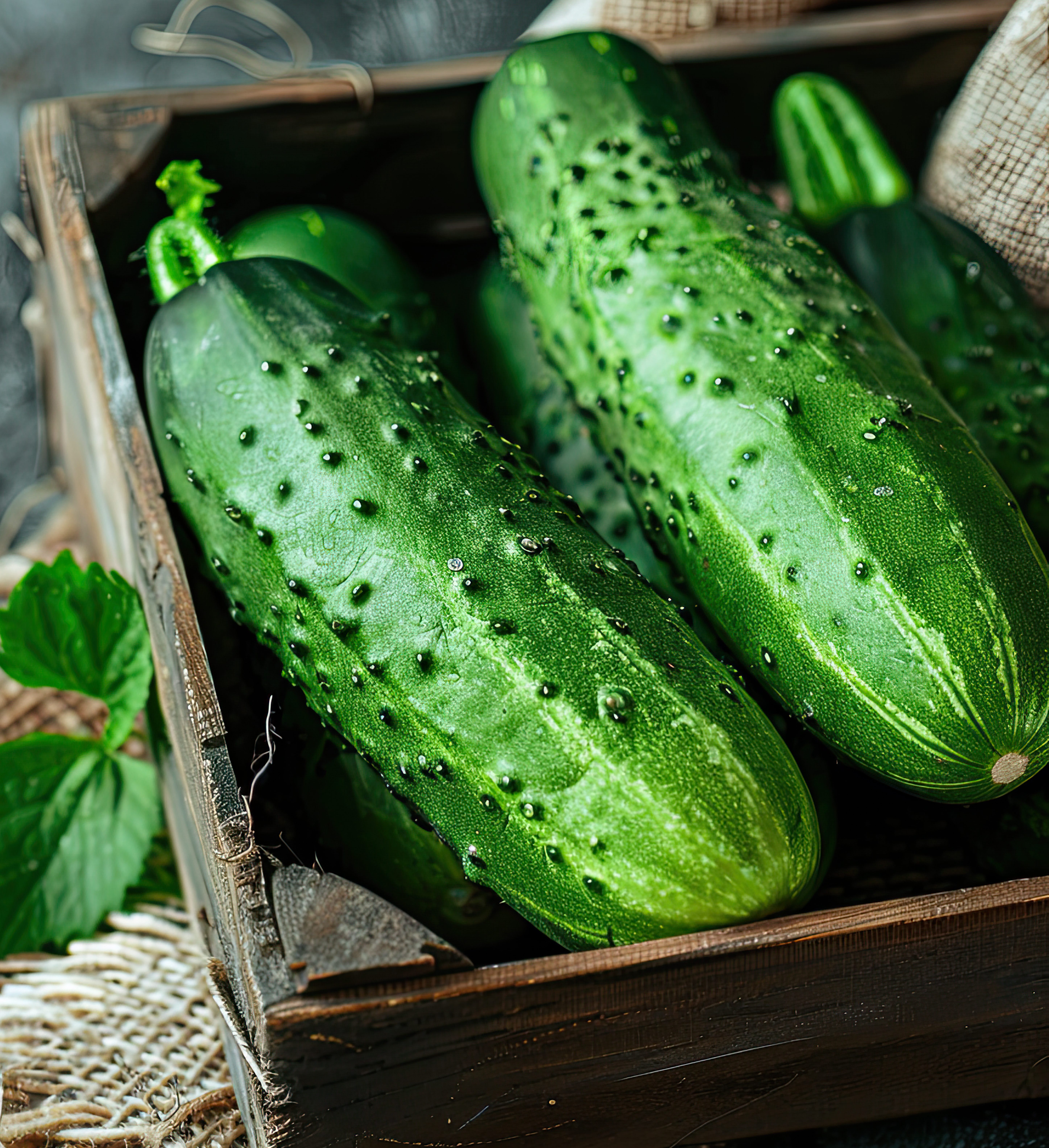 Fresh green organic  cucumbers with a rustic touch