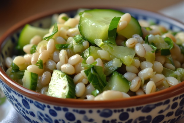 Nutritious barley salad with beans and cucumbers