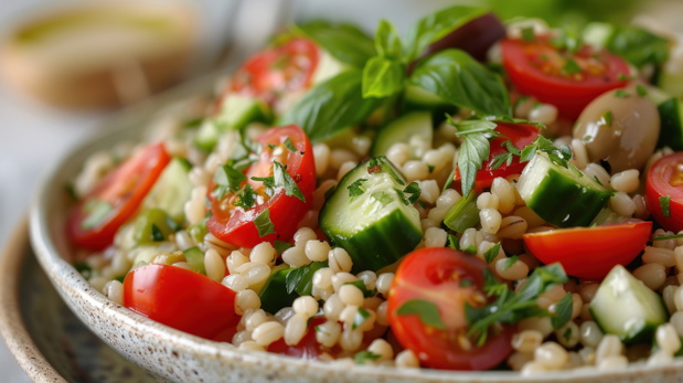 Close-up of a vegetarian pearl barley salad with fresh vegetables: tomatoes, cucumbers, olives, parsley, and basil in a plate.