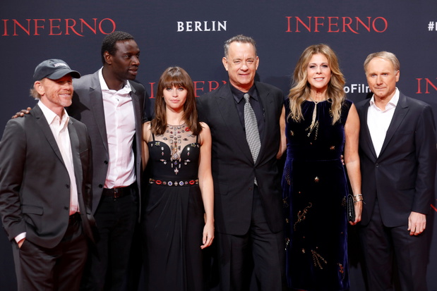 Director Ron Howard, actors Omar Sy, Felicity Jones, Tom Hanks, his wife Rita Wilson and author Dan Brown attend a screening of his film "Inferno" in Berlin