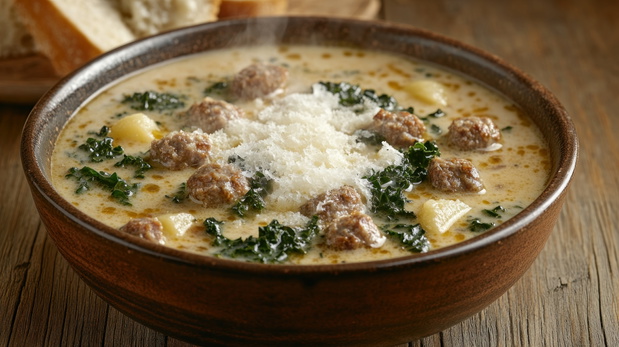 Hearty, creamy soup with meatballs, kale, and cheese